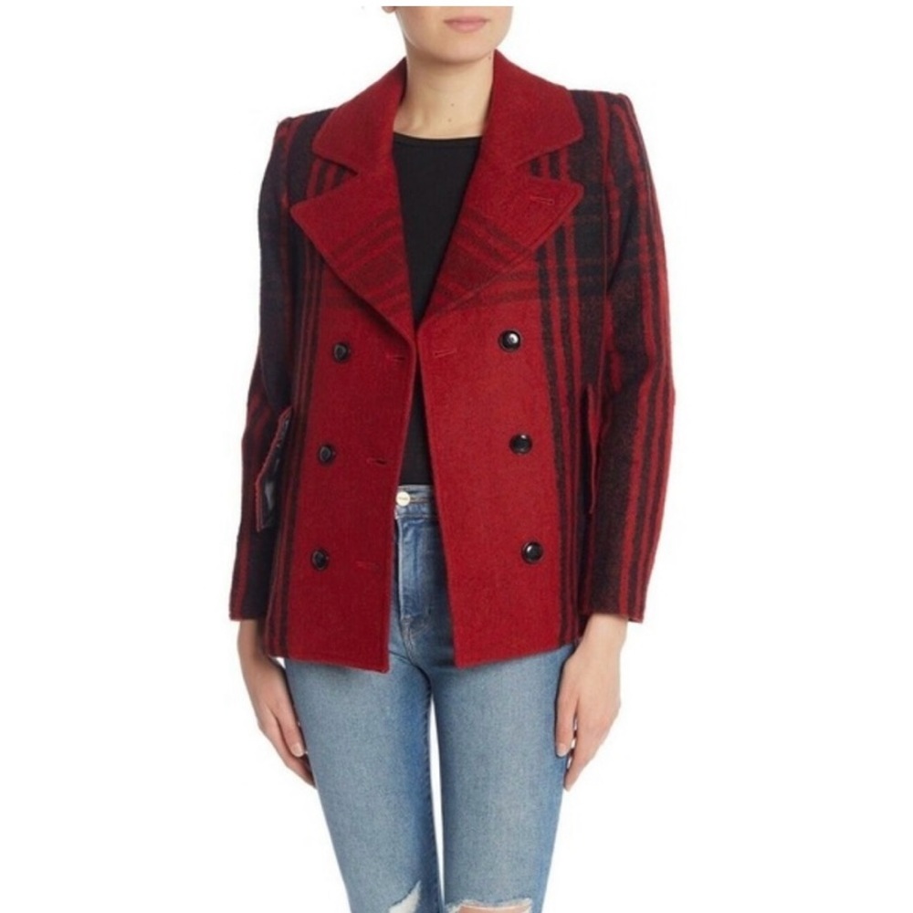 FRAME Buffalo Check Wool Blend Peacoat XS Red Black Double Breasted | Luxury